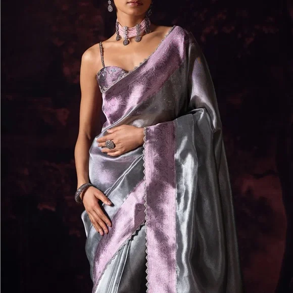 Purple And Grey Embroidered Tissue Saree Lashkaraa XS - Picture 2 of 6